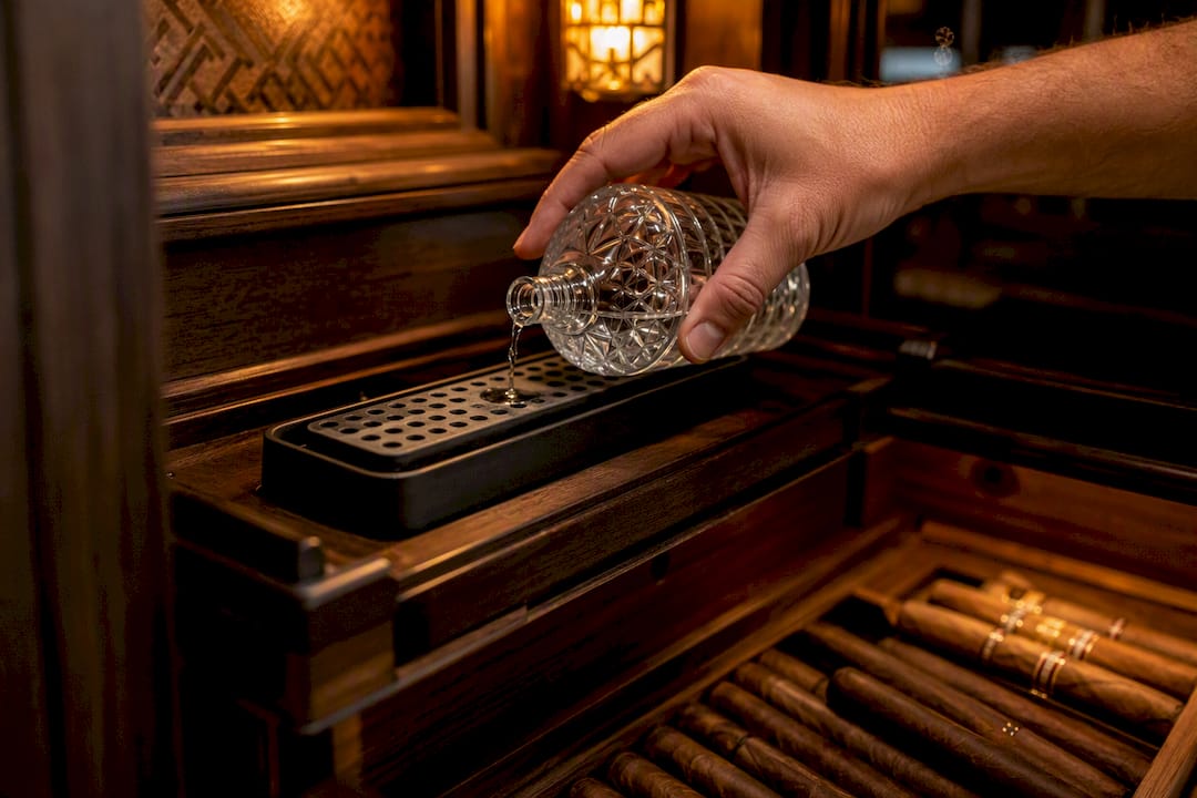 Pouring distilled water into humidor humidifier