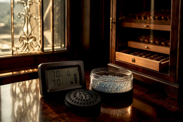 Partial humidor with humidifier beads and hygrometer