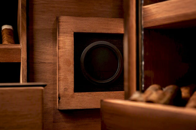 Digital hygrometer inside elegant humidor