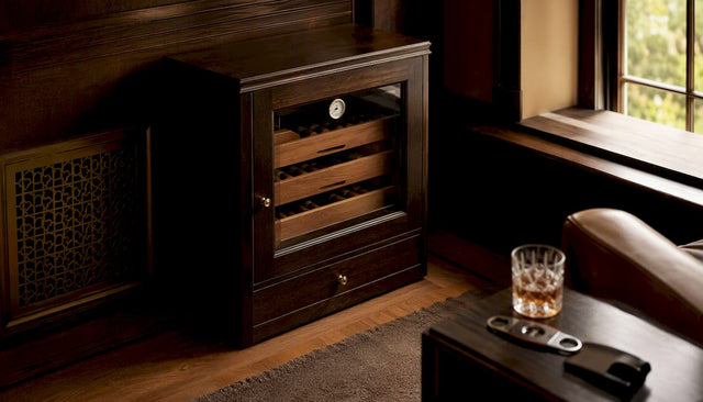 Corner of elegant cigar room with humidor and ventilation