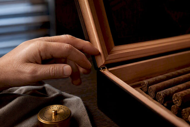 Collector inspecting cedar humidor seal
