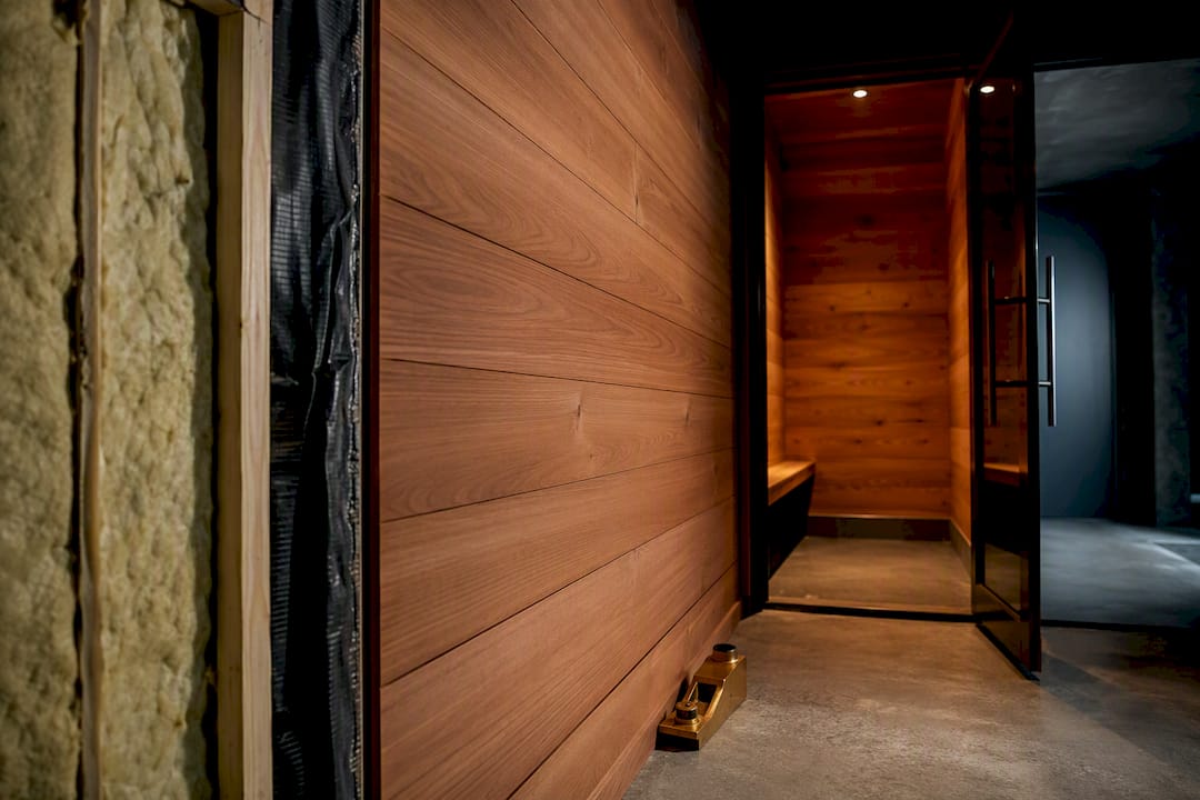Walk-in humidor showing layered construction materials