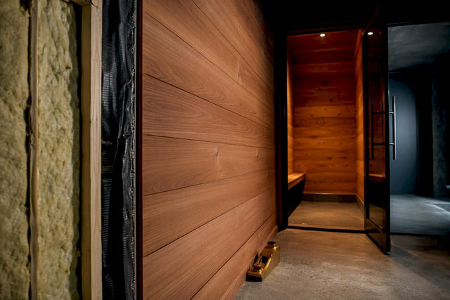 Walk-in humidor showing layered construction materials