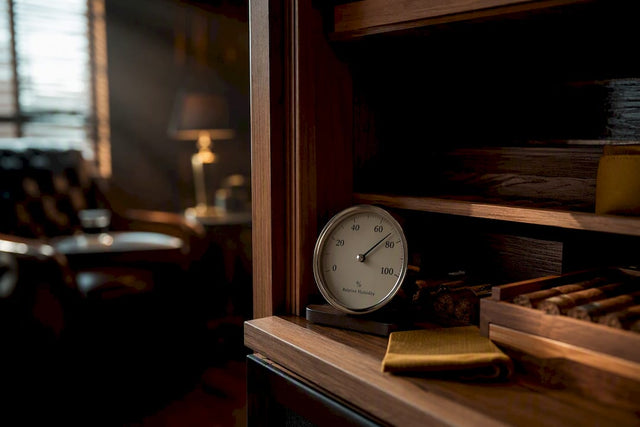 Cigar locker hygrometer beside aging cigars