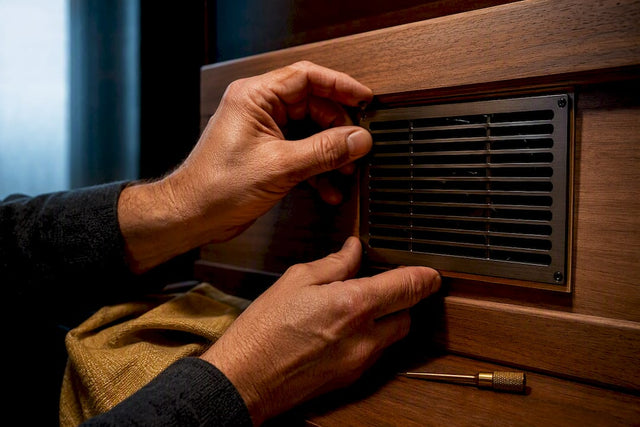 Collector inspecting a humidor fan housing