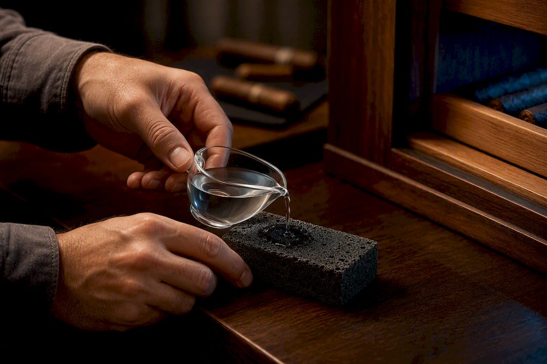 Hands rewetting sponge humidifier in humidor