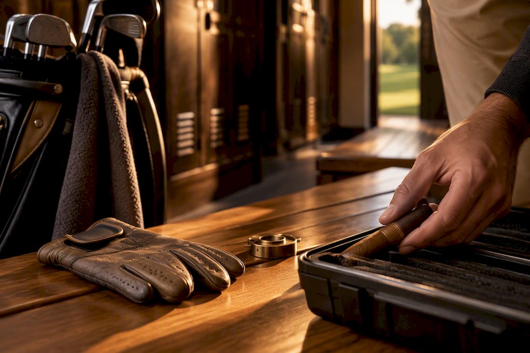 Cigar case beside golf bag on bench