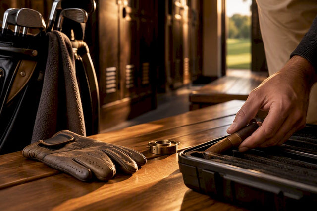 Cigar case beside golf bag on bench