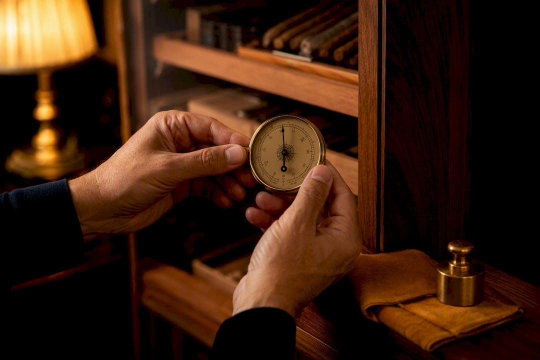 Collector checking hygrometer in cigar library