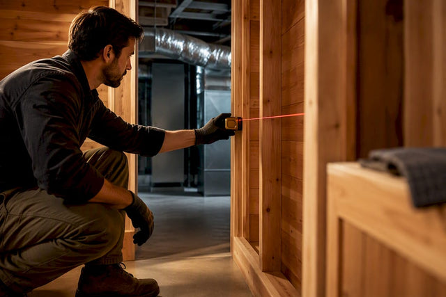 Installer measuring walk-in humidor interior