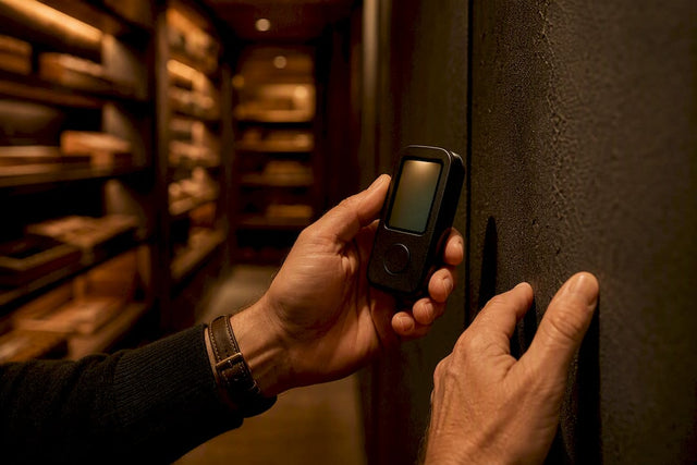 Collector checking humidity beside humidor wall