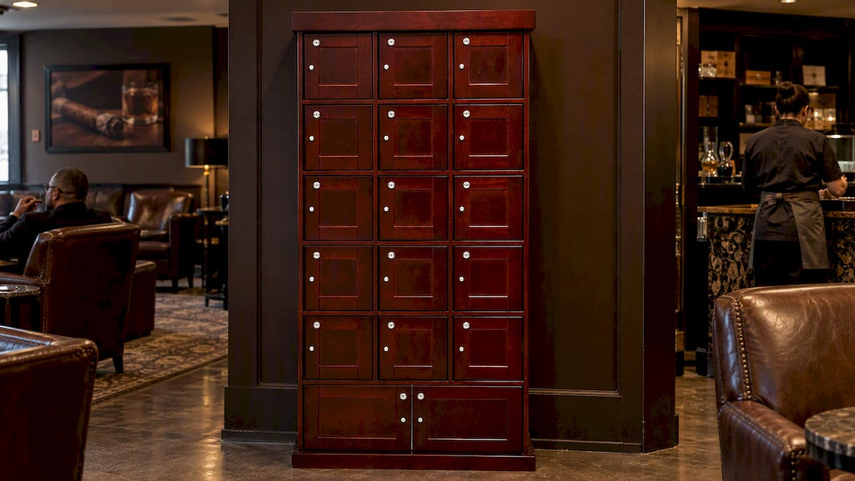 Commercial cigar locker cabinet in lounge