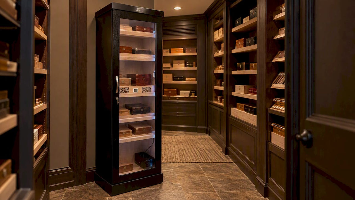 Cigar tower shelving inside walk-in humidor