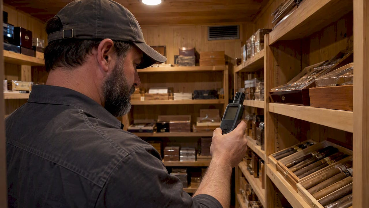Technician checking conditions inside a walk-in humidor