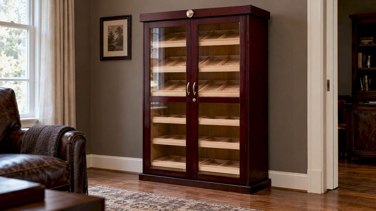 Dark cherry cigar cabinet in a quiet den