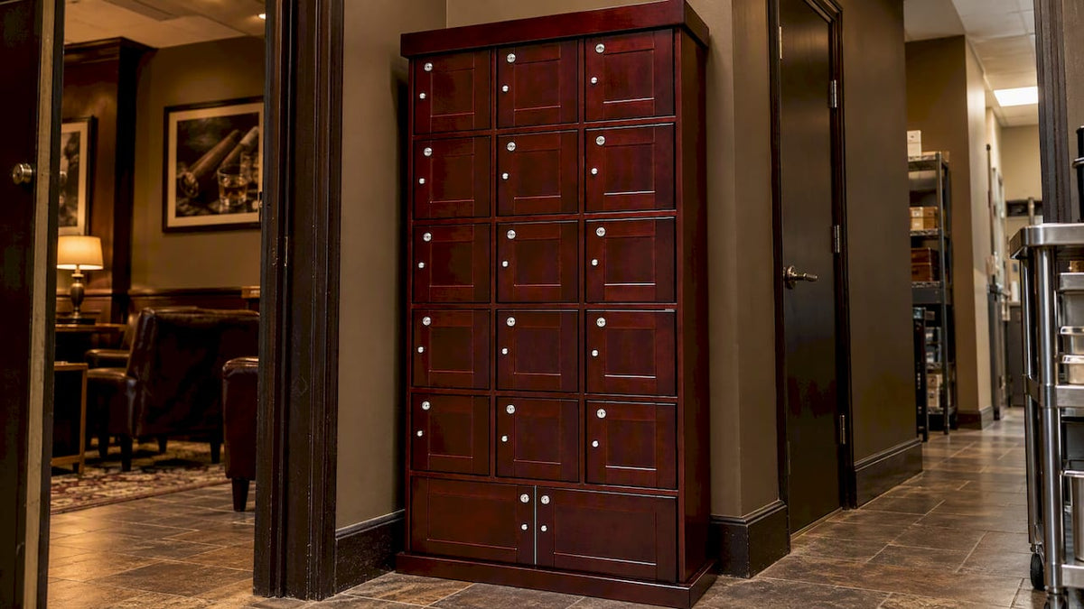 Dark cherry cigar locker cabinet in lounge