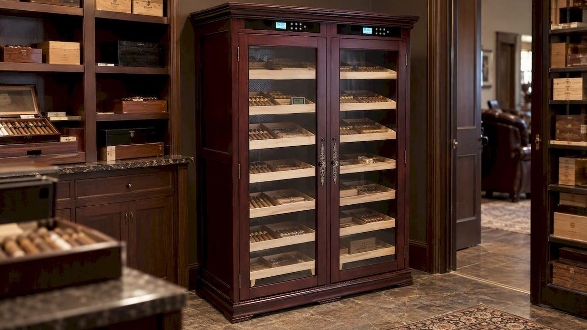 Electronic cigar cabinet in a lounge storage room