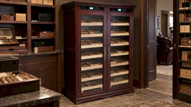 Electronic cigar cabinet in a lounge storage room