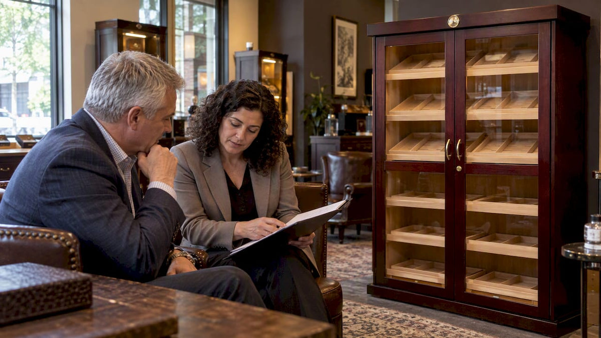 Collector reviewing cabinet warranty terms beside humidor