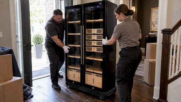 Crew positioning a humidor inside a townhouse