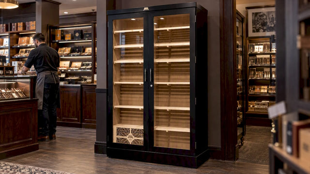 Commercial humidor display on a retail floor