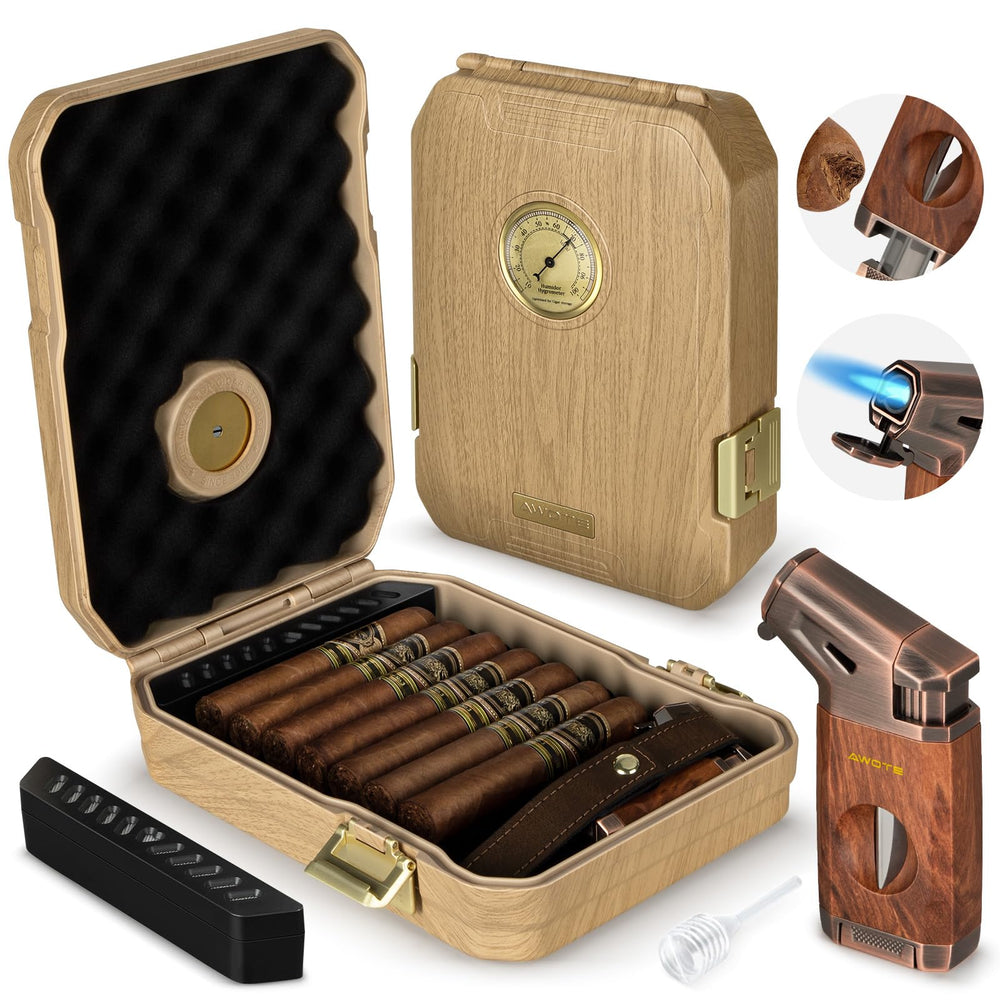 AWOTE Travel Cigar Humidor Case Gift Set Light wood
