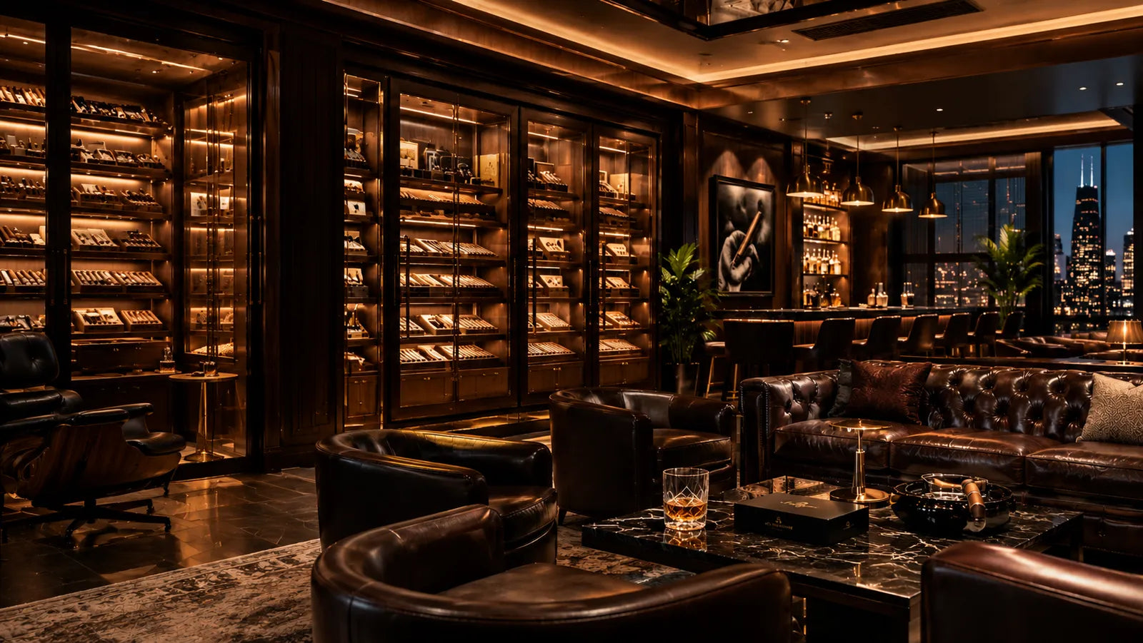 A luxury cigar lounge with backlit humidor displays and leather seating, designed by Dunn's Luxury Selections