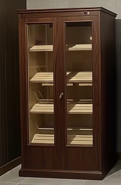 Tall mahogany two-door cabinet humidor with glass panels and cedar shelving