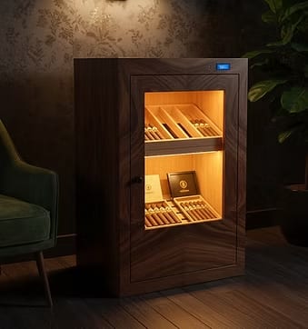 Walnut cabinet humidor with lit interior showing cedar trays of cigars