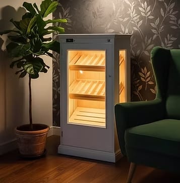 White lacquered cabinet humidor with glass door and warm interior lighting in a living room