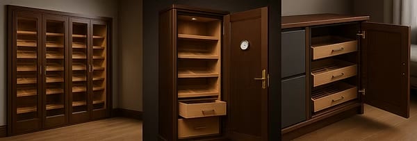 Three views of a dark wood showcase humidor with cedar shelving, drawers, and hygrometer