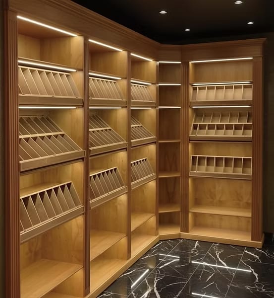 Corner of a walk-in humidor with illuminated Spanish cedar shelving and marble floor