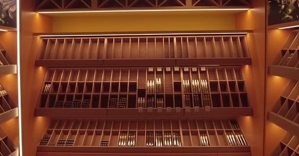 Wall of cedar racks holding boxed cigars under warm lighting