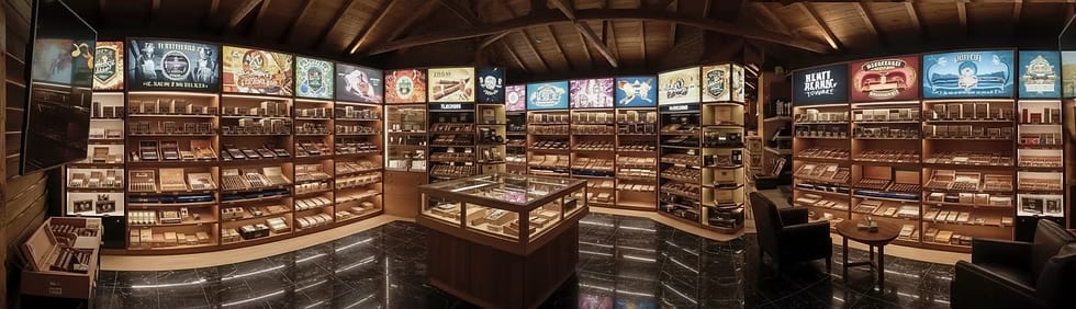 Panoramic view of a complete walk-in humidor room with floor-to-ceiling cedar shelving