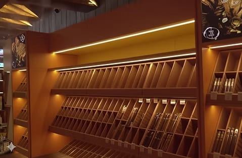 Retail walk-in humidor with angled display racks