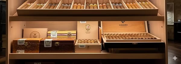 Close-up of cedar shelf with premium cigar boxes and loose cigars in trays